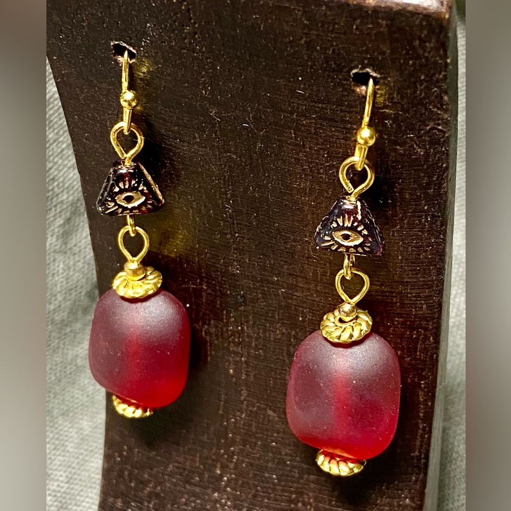 Crimson Mystic Pyramid Eye Earrings Frosted Beach Glass